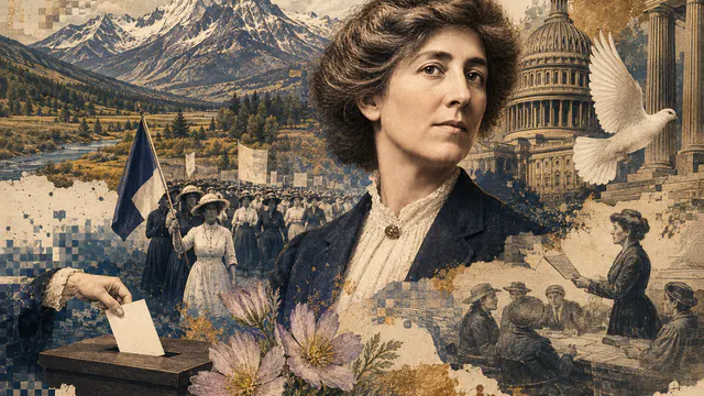 Mixed-media historical illustration of Jeannette Rankin, combining archival collage, neoclassical engraving, and pixel detail.