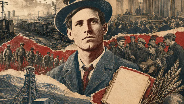 Mixed-media historical illustration of Joe Hill, combining archival collage, neoclassical engraving, and pixel detail.