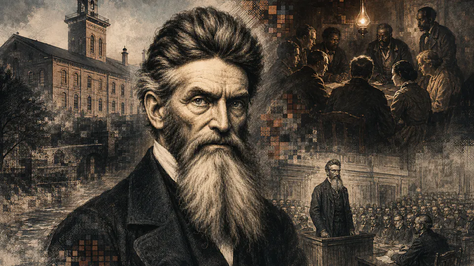 Mixed-media historical illustration of John Brown, combining archival collage, neoclassical engraving, and pixel detail.