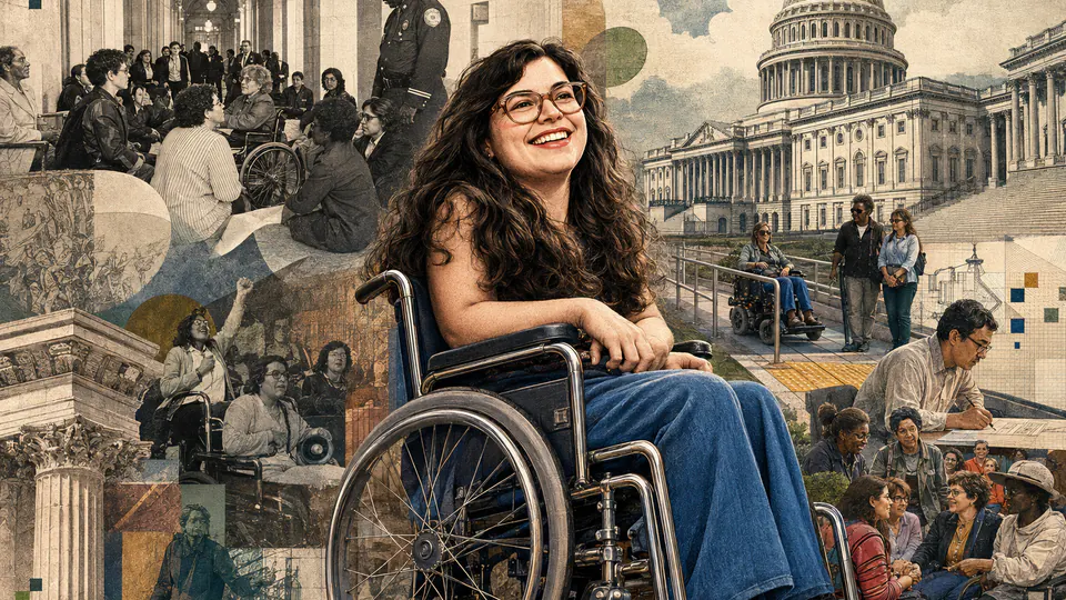 Mixed-media historical illustration of Judith Heumann, combining archival collage, neoclassical engraving, and pixel detail.