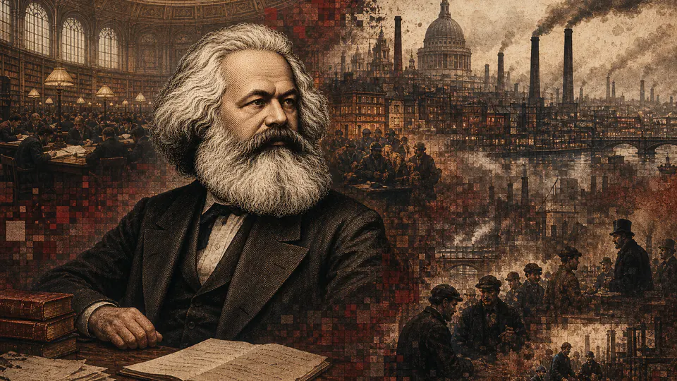 Mixed-media historical illustration of Karl Marx, combining archival collage, neoclassical engraving, and pixel detail.