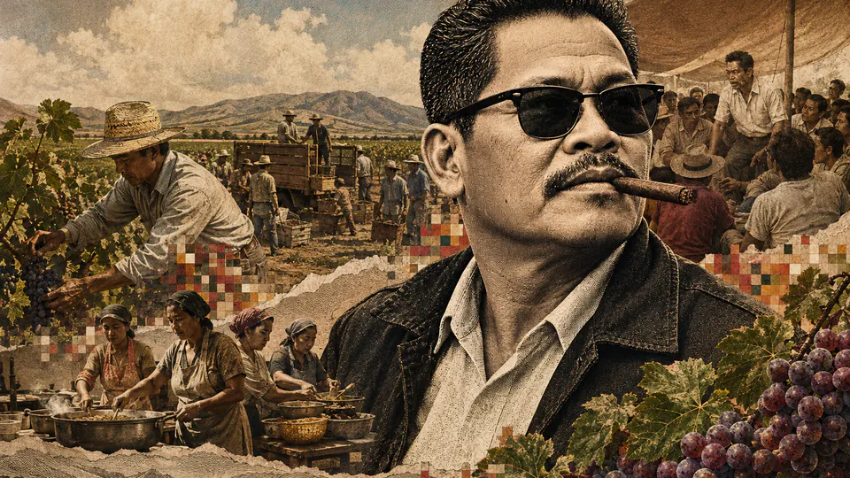 Mixed-media historical illustration of Larry Itliong, combining archival collage, neoclassical engraving, and pixel detail.