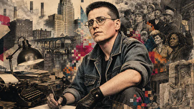 Mixed-media historical illustration of Leslie Feinberg, combining archival collage, neoclassical engraving, and pixel detail.