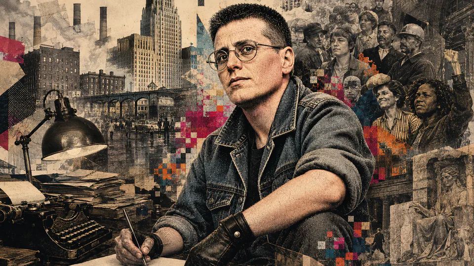 Mixed-media historical illustration of Leslie Feinberg, combining archival collage, neoclassical engraving, and pixel detail.