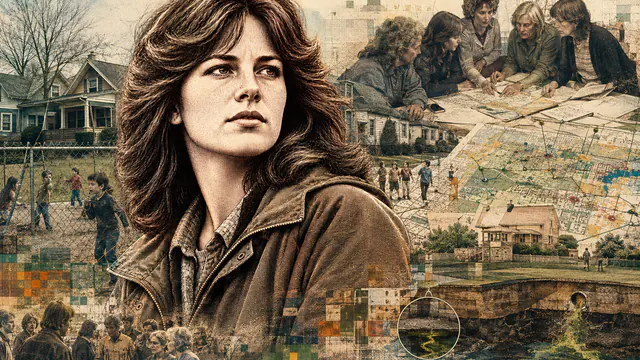 Mixed-media historical illustration of Lois Gibbs, combining archival collage, neoclassical engraving, and pixel detail.