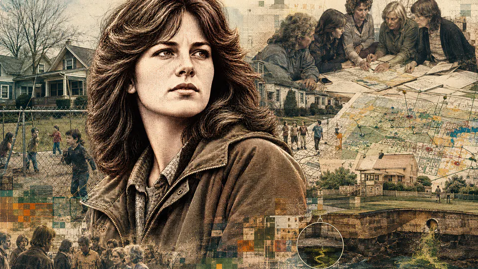 Mixed-media historical illustration of Lois Gibbs, combining archival collage, neoclassical engraving, and pixel detail.