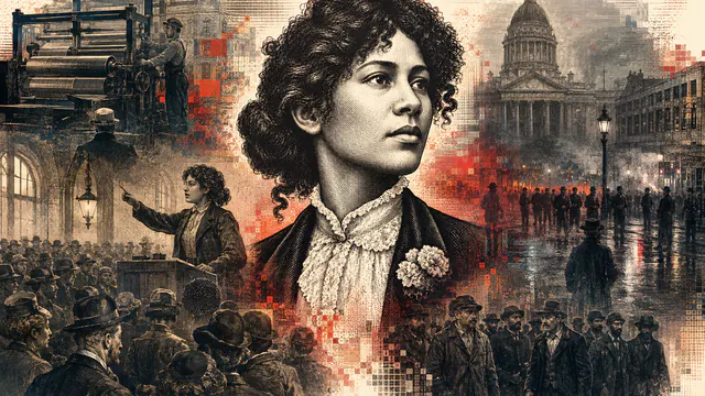 Mixed-media historical illustration of Lucy Parsons, combining archival collage, neoclassical engraving, and pixel detail.