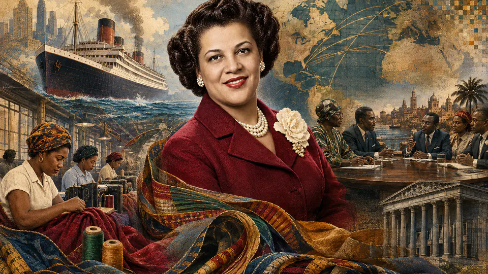 Mixed-media historical illustration of Maida Springer Kemp, combining archival collage, neoclassical engraving, and pixel detail.