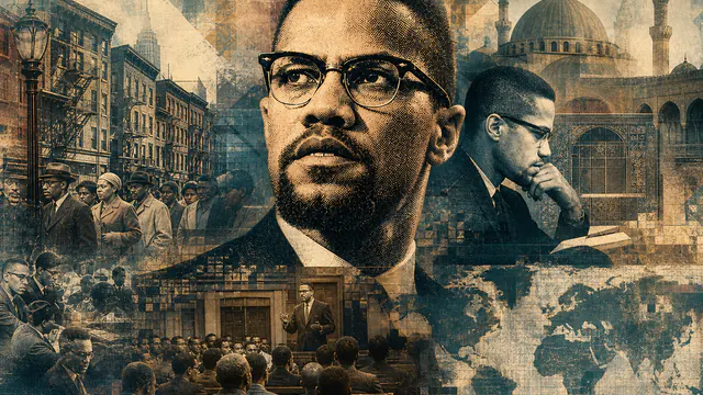 Mixed-media historical illustration of Malcolm X, combining archival collage, neoclassical engraving, and pixel detail.