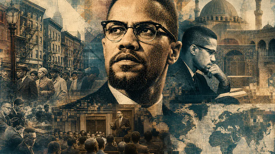 Mixed-media historical illustration of Malcolm X, combining archival collage, neoclassical engraving, and pixel detail.