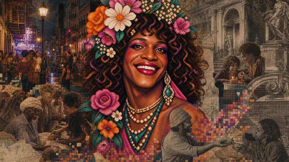 Mixed-media historical illustration of Marsha P. Johnson, combining archival collage, neoclassical engraving, and pixel detail.