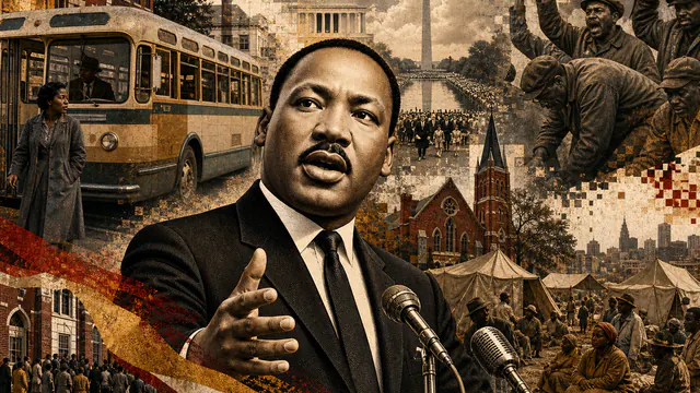 Mixed-media historical illustration of Martin Luther King Jr., combining archival collage, neoclassical engraving, and pixel detail.