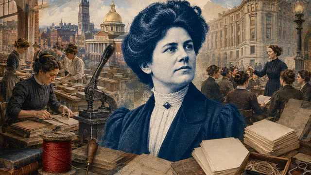 Mixed-media historical illustration of Mary Kenney O'Sullivan, combining archival collage, neoclassical engraving, and pixel detail.