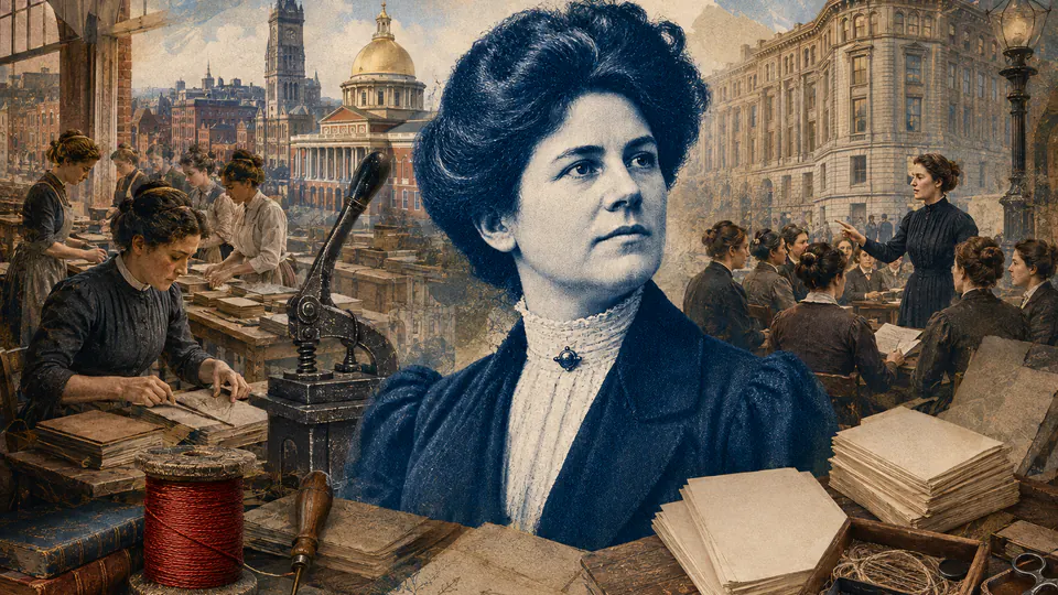 Mixed-media historical illustration of Mary Kenney O'Sullivan, combining archival collage, neoclassical engraving, and pixel detail.