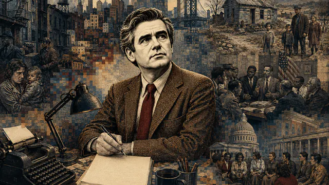 Mixed-media historical illustration of Michael Harrington, combining archival collage, neoclassical engraving, and pixel detail.