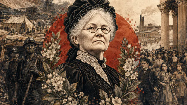 Mixed-media historical illustration of Mother Jones, combining archival collage, neoclassical engraving, and pixel detail.
