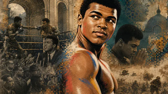Mixed-media historical illustration of Muhammad Ali, combining archival collage, neoclassical engraving, and pixel detail.