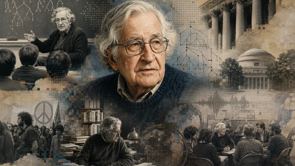 Mixed-media historical illustration of Noam Chomsky, combining archival collage, neoclassical engraving, and pixel detail.