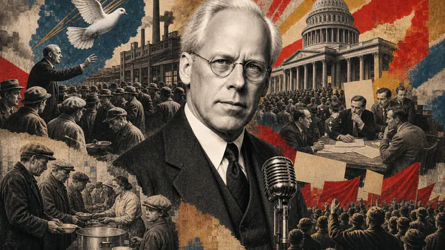 Mixed-media historical illustration of Norman Thomas, combining archival collage, neoclassical engraving, and pixel detail.