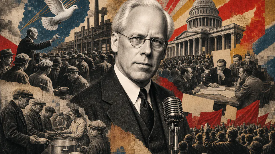 Mixed-media historical illustration of Norman Thomas, combining archival collage, neoclassical engraving, and pixel detail.
