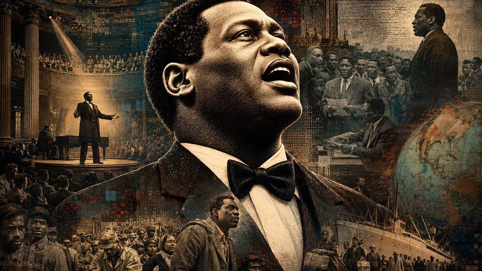 Mixed-media historical illustration of Paul Robeson, combining archival collage, neoclassical engraving, and pixel detail.