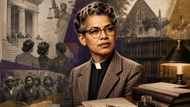 Mixed-media historical illustration of Pauli Murray, combining archival collage, neoclassical engraving, and pixel detail.