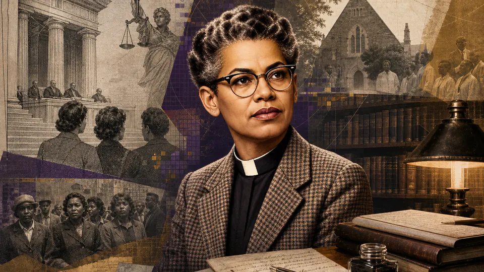 Mixed-media historical illustration of Pauli Murray, combining archival collage, neoclassical engraving, and pixel detail.