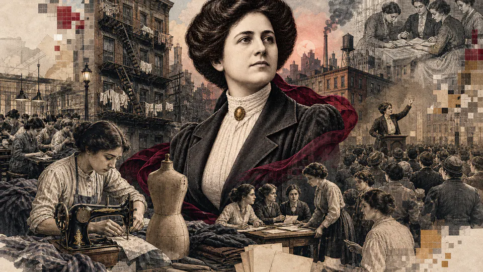 Mixed-media historical illustration of Pauline Newman, combining archival collage, neoclassical engraving, and pixel detail.