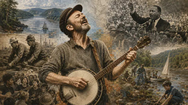 Mixed-media historical illustration of Pete Seeger, combining archival collage, neoclassical engraving, and pixel detail.