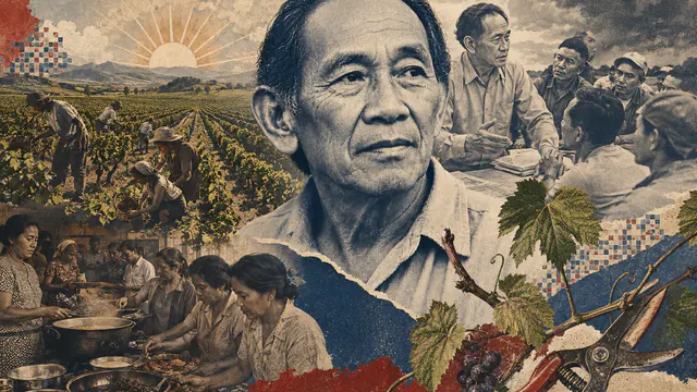 Mixed-media historical illustration of Philip Vera Cruz, combining archival collage, neoclassical engraving, and pixel detail.