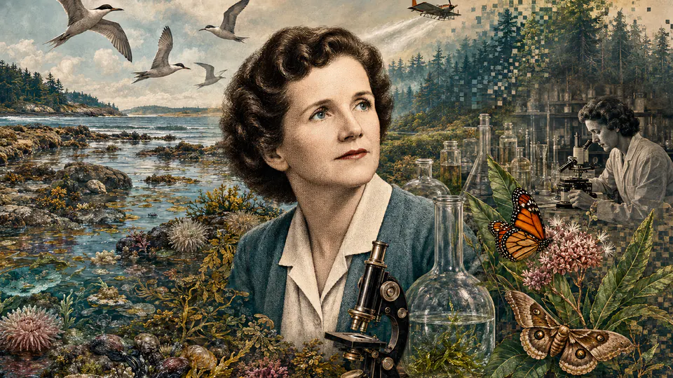 Mixed-media historical illustration of Rachel Carson, combining archival collage, neoclassical engraving, and pixel detail.
