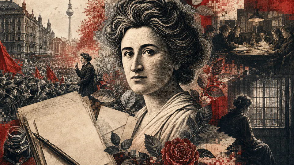 Mixed-media historical illustration of Rosa Luxemburg, combining archival collage, neoclassical engraving, and pixel detail.