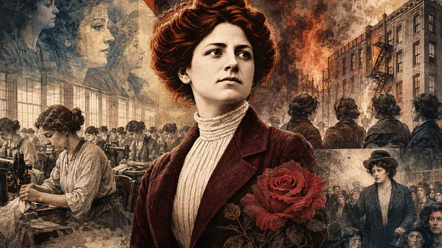 Mixed-media historical illustration of Rose Schneiderman, combining archival collage, neoclassical engraving, and pixel detail.