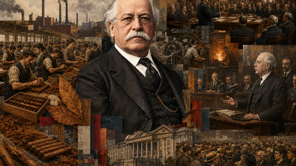 Mixed-media historical illustration of Samuel Gompers, combining archival collage, neoclassical engraving, and pixel detail.
