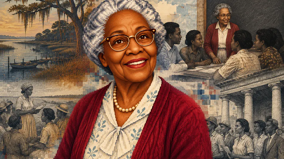 Mixed-media historical illustration of Septima Clark, combining archival collage, neoclassical engraving, and pixel detail.
