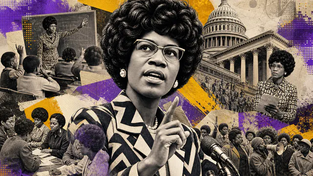 Mixed-media historical illustration of Shirley Chisholm, combining archival collage, neoclassical engraving, and pixel detail.