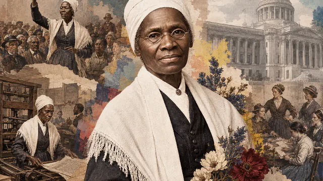 Mixed-media historical illustration of Sojourner Truth, combining archival collage, neoclassical engraving, and pixel detail.