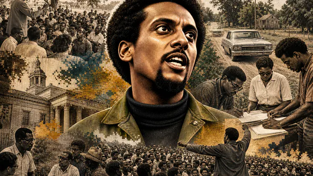 Mixed-media historical illustration of Stokely Carmichael, combining archival collage, neoclassical engraving, and pixel detail.