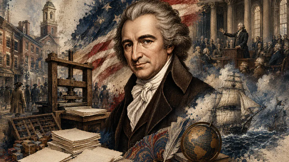 Mixed-media historical illustration of Thomas Paine, combining archival collage, neoclassical engraving, and pixel detail.