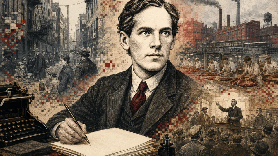 Mixed-media historical illustration of Upton Sinclair, combining archival collage, neoclassical engraving, and pixel detail.
