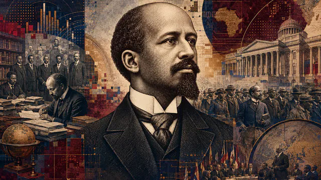 Mixed-media historical illustration of W. E. B. Du Bois, combining archival collage, neoclassical engraving, and pixel detail.