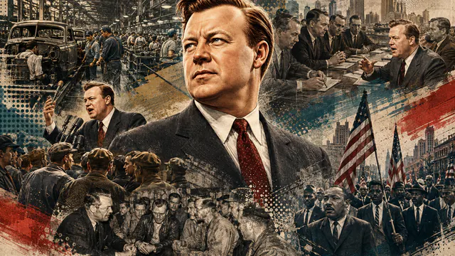 Mixed-media historical illustration of Walter Reuther, combining archival collage, neoclassical engraving, and pixel detail.