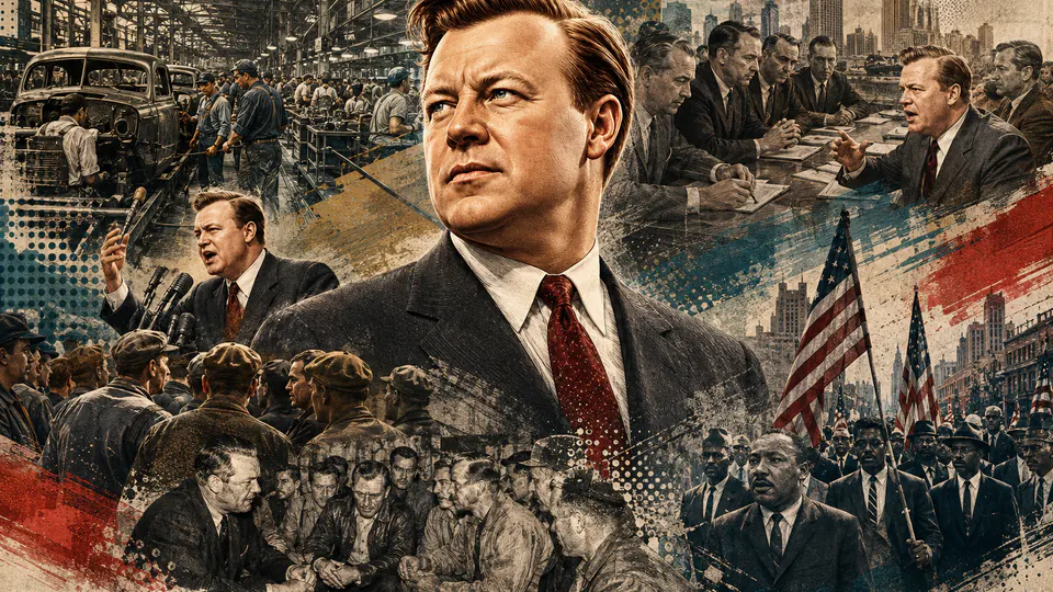 Mixed-media historical illustration of Walter Reuther, combining archival collage, neoclassical engraving, and pixel detail.
