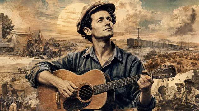 Mixed-media historical illustration of Woody Guthrie, combining archival collage, neoclassical engraving, and pixel detail.