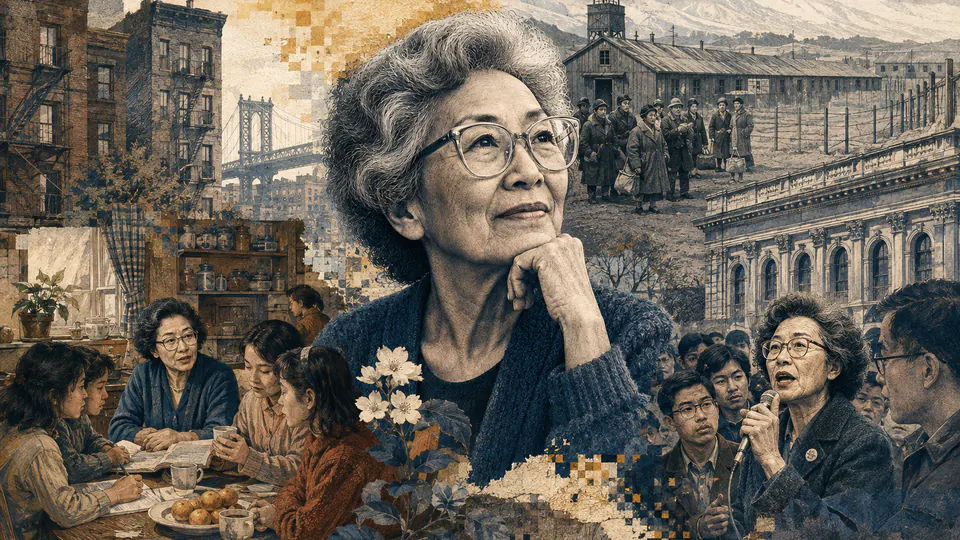 Mixed-media historical illustration of Yuri Kochiyama, combining archival collage, neoclassical engraving, and pixel detail.