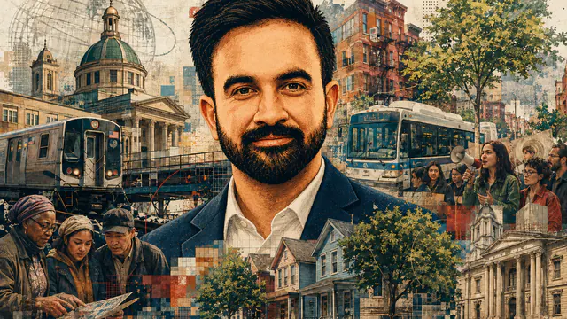 Mixed-media historical illustration of Zohran Mamdani, combining archival collage, neoclassical engraving, and pixel detail.