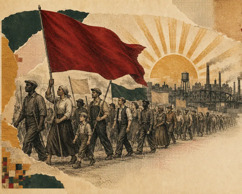 Mixed-media illustration in the style of an American labor poster: a crowd marching under a raised red banner, mill chimneys and a rising sun behind them.