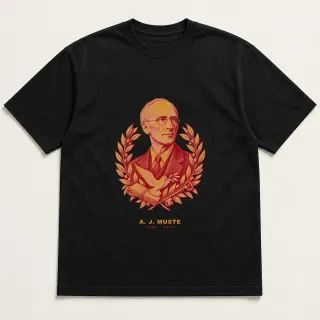 Front of a black tee with a two-color engraved design for A. J. Muste
