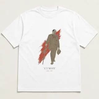 Front of a white tee carrying the wabi sabi A. J. Muste design