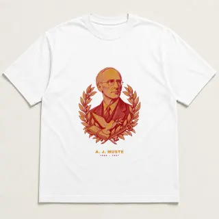 Front of a white tee with a two-color engraved design for A. J. Muste